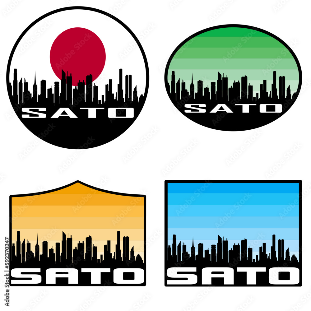 Sato Skyline Silhouette Japan Flag Travel Souvenir Sticker Sunset Background Vector Illustration SVG EPS AI