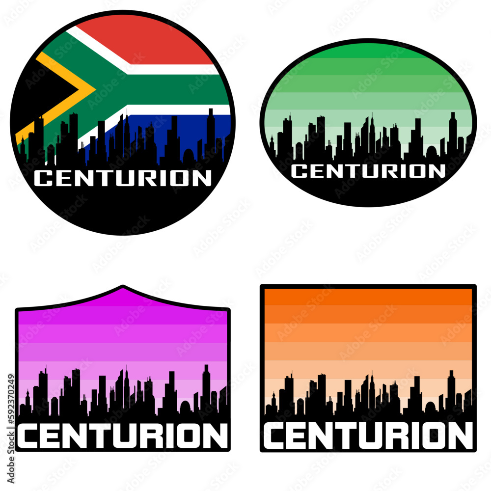 Centurion Skyline Silhouette South Africa Flag Travel Souvenir Sticker Sunset Background Vector Illustration SVG EPS AI