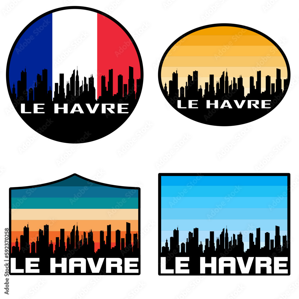 Le Havre Skyline Silhouette France Flag Travel Souvenir Sticker Sunset Background Vector Illustration SVG EPS AI