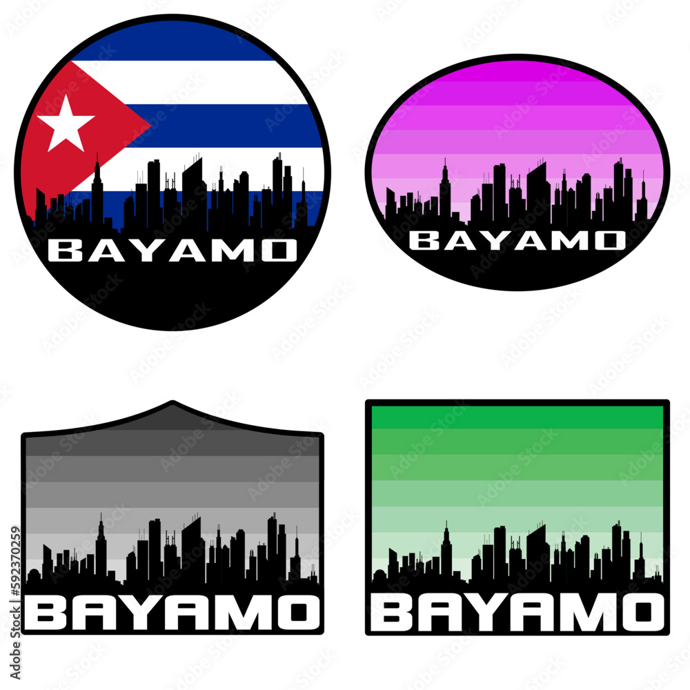Bayamo Skyline Silhouette Cuba Flag Travel Souvenir Sticker Sunset Background Vector Illustration SVG EPS AI