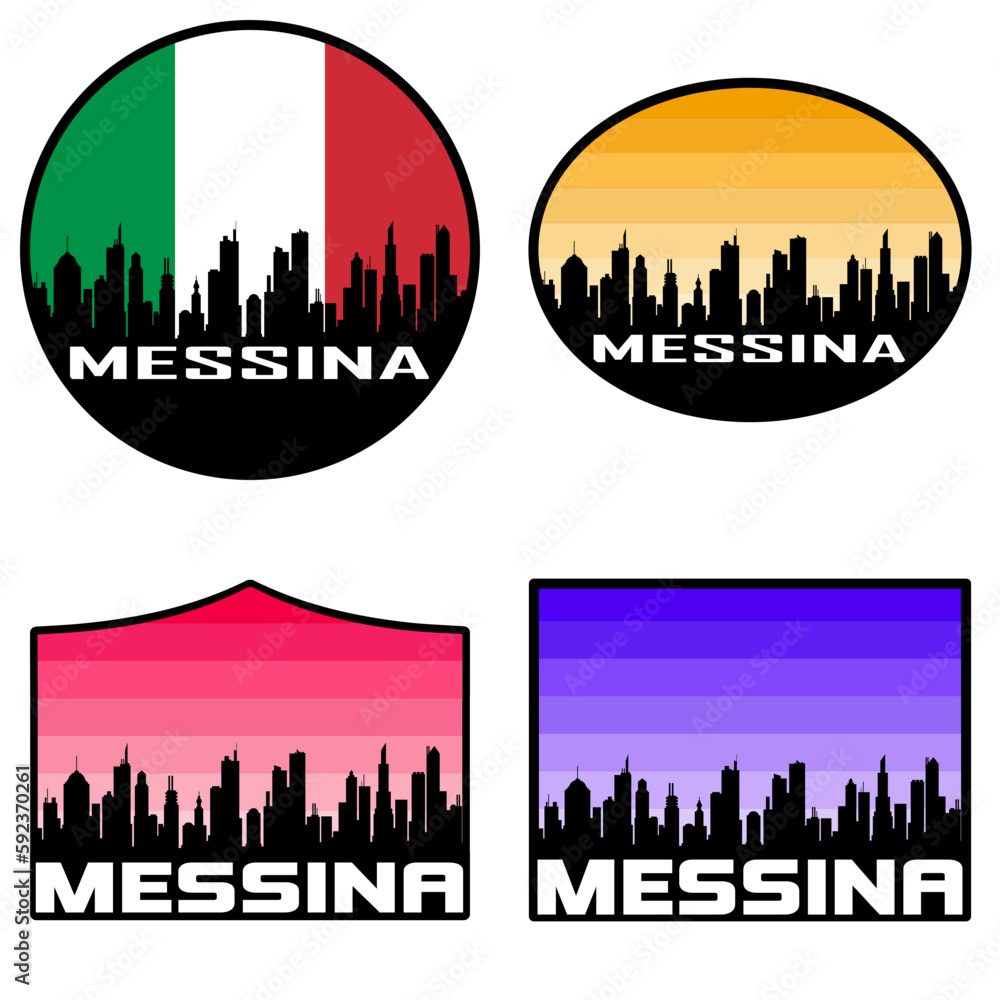 Messina Skyline Silhouette Italy Flag Travel Souvenir Sticker Sunset Background Vector Illustration SVG EPS AI