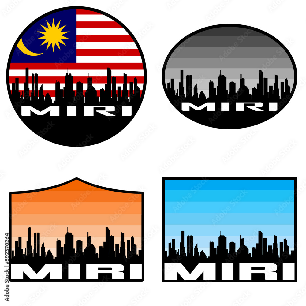 Miri Skyline Silhouette Malaysia Flag Travel Souvenir Sticker Sunset Background Vector Illustration SVG EPS AI