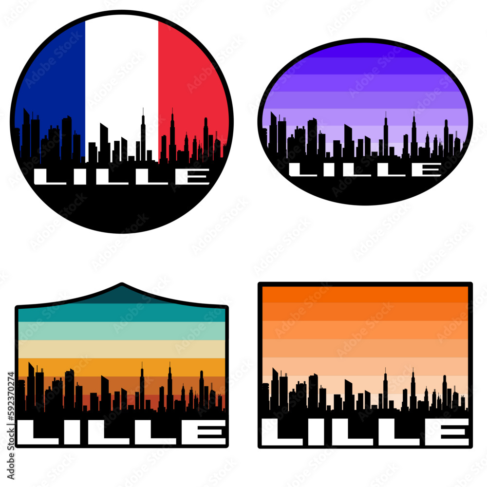 Lille Skyline Silhouette France Flag Travel Souvenir Sticker Sunset Background Vector Illustration SVG EPS AI