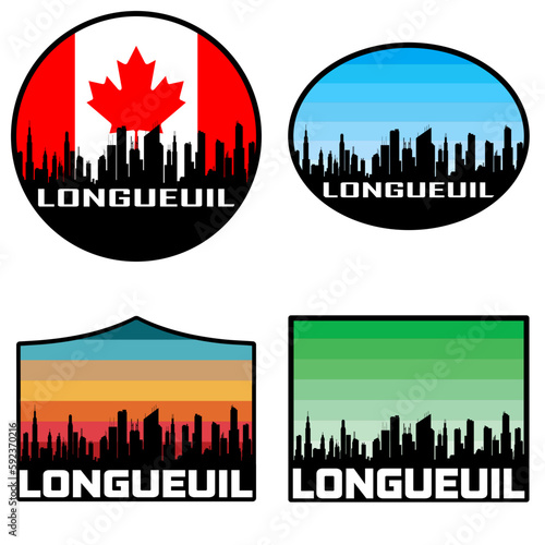 Longueuil Skyline Silhouette Canada Flag Travel Souvenir Sticker Sunset Background Vector Illustration SVG EPS AI