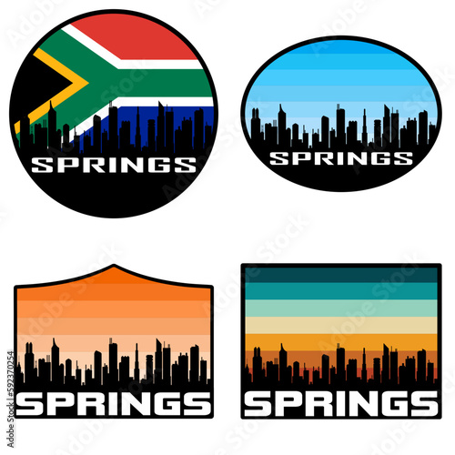 Springs Skyline Silhouette South Africa Flag Travel Souvenir Sticker Sunset Background Vector Illustration SVG EPS AI