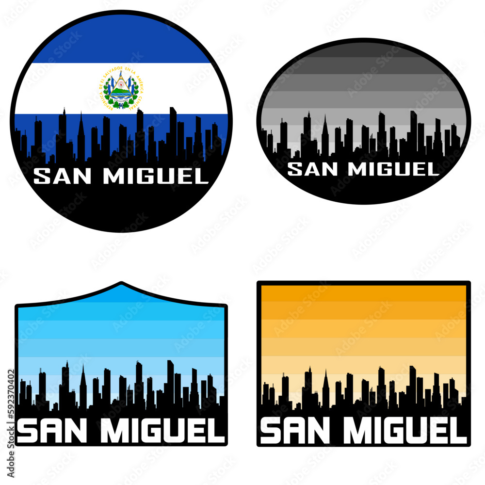 San Miguel Skyline Silhouette El Salvador Flag Travel Souvenir Sticker Sunset Background Vector Illustration SVG EPS AI