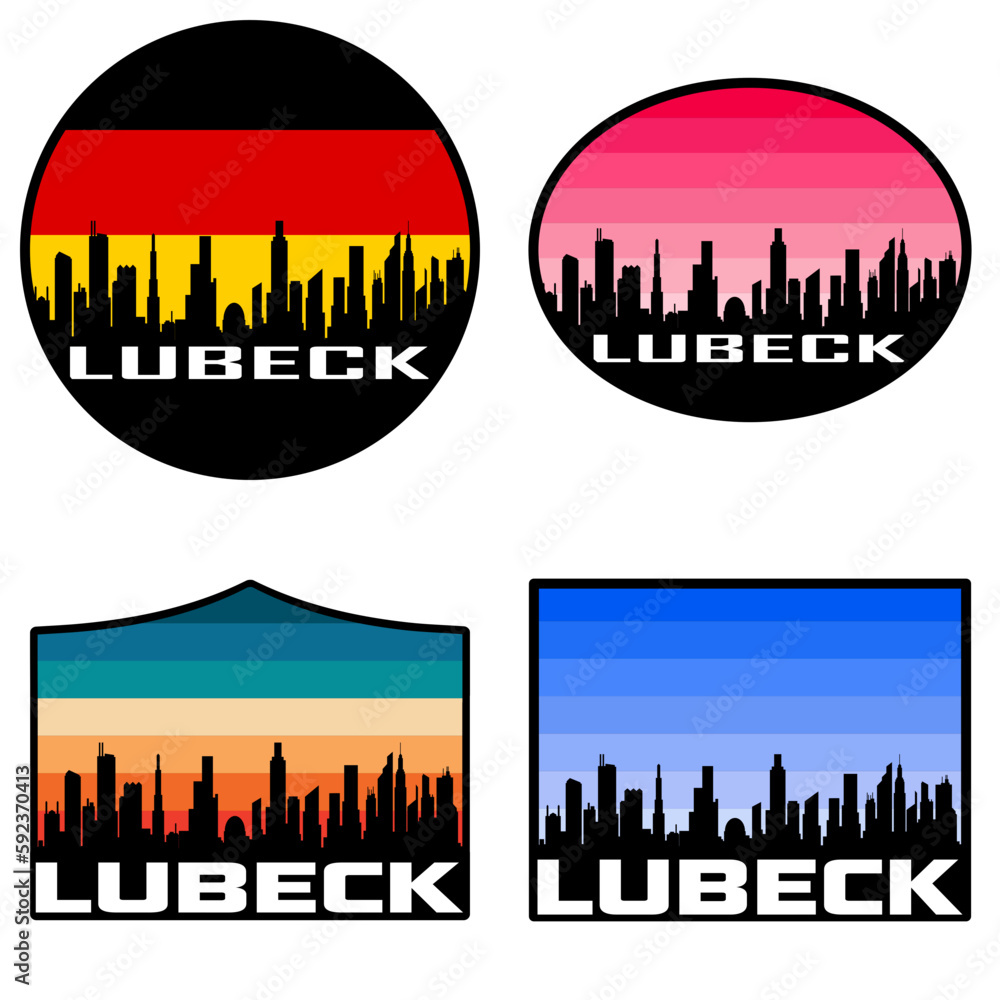 Lubeck Skyline Silhouette Germany Flag Travel Souvenir Sticker Sunset Background Vector Illustration SVG EPS AI