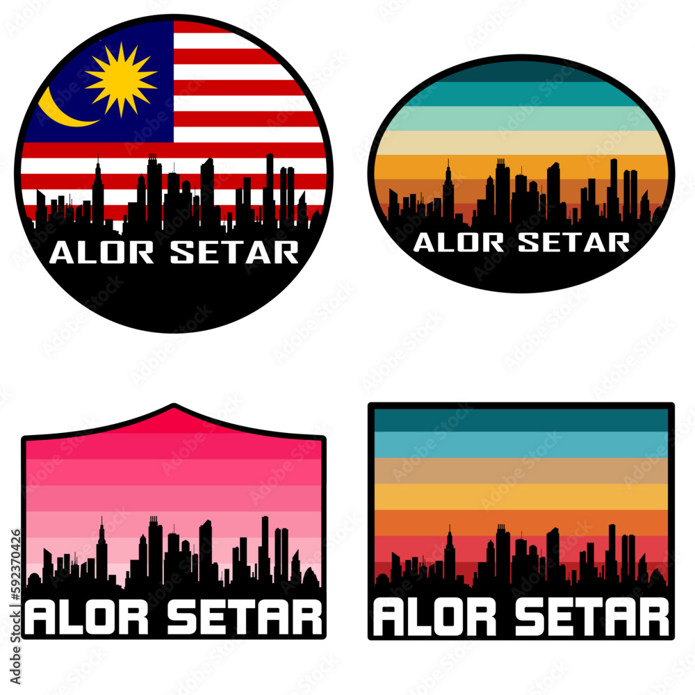 Alor Setar Skyline Silhouette Malaysia Flag Travel Souvenir Sticker Sunset Background Vector Illustration SVG EPS AI