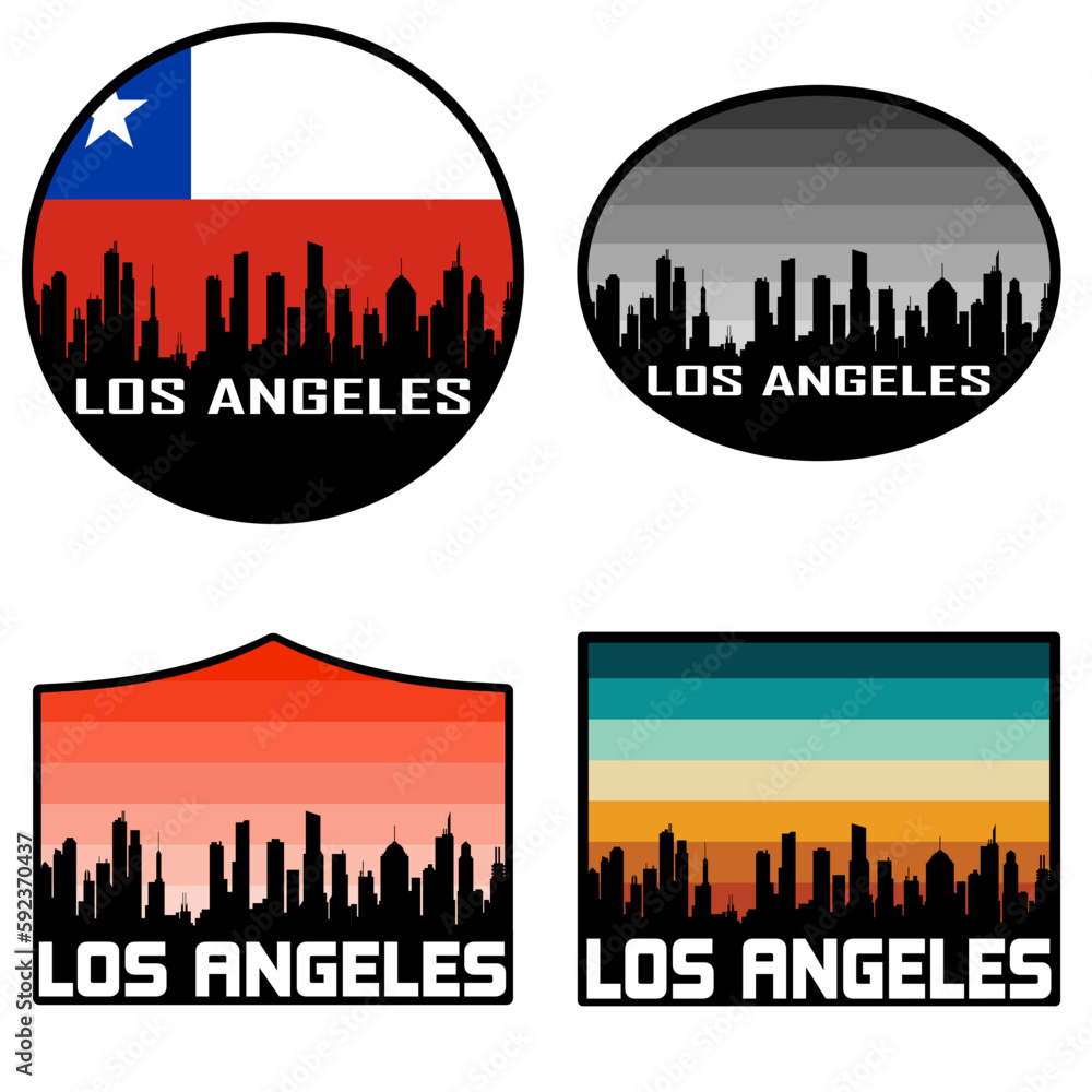 Los Angeles Skyline Silhouette Chile Flag Travel Souvenir Sticker Sunset Background Vector Illustration SVG EPS AI