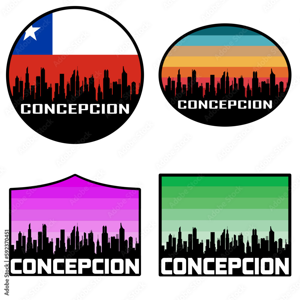 Concepcion Skyline Silhouette Chile Flag Travel Souvenir Sticker Sunset Background Vector Illustration SVG EPS AI
