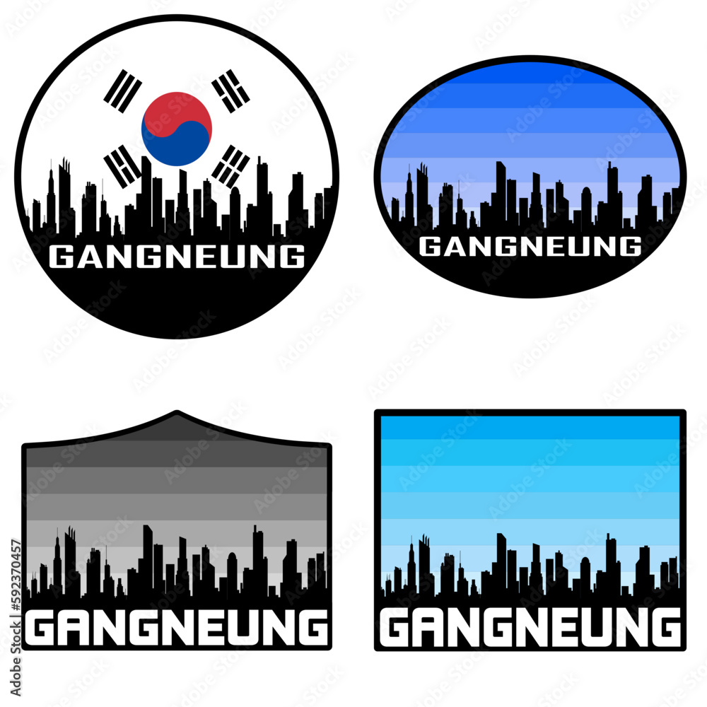 Gangneung Skyline Silhouette South Korea Flag Travel Souvenir Sticker Sunset Background Vector Illustration SVG EPS AI