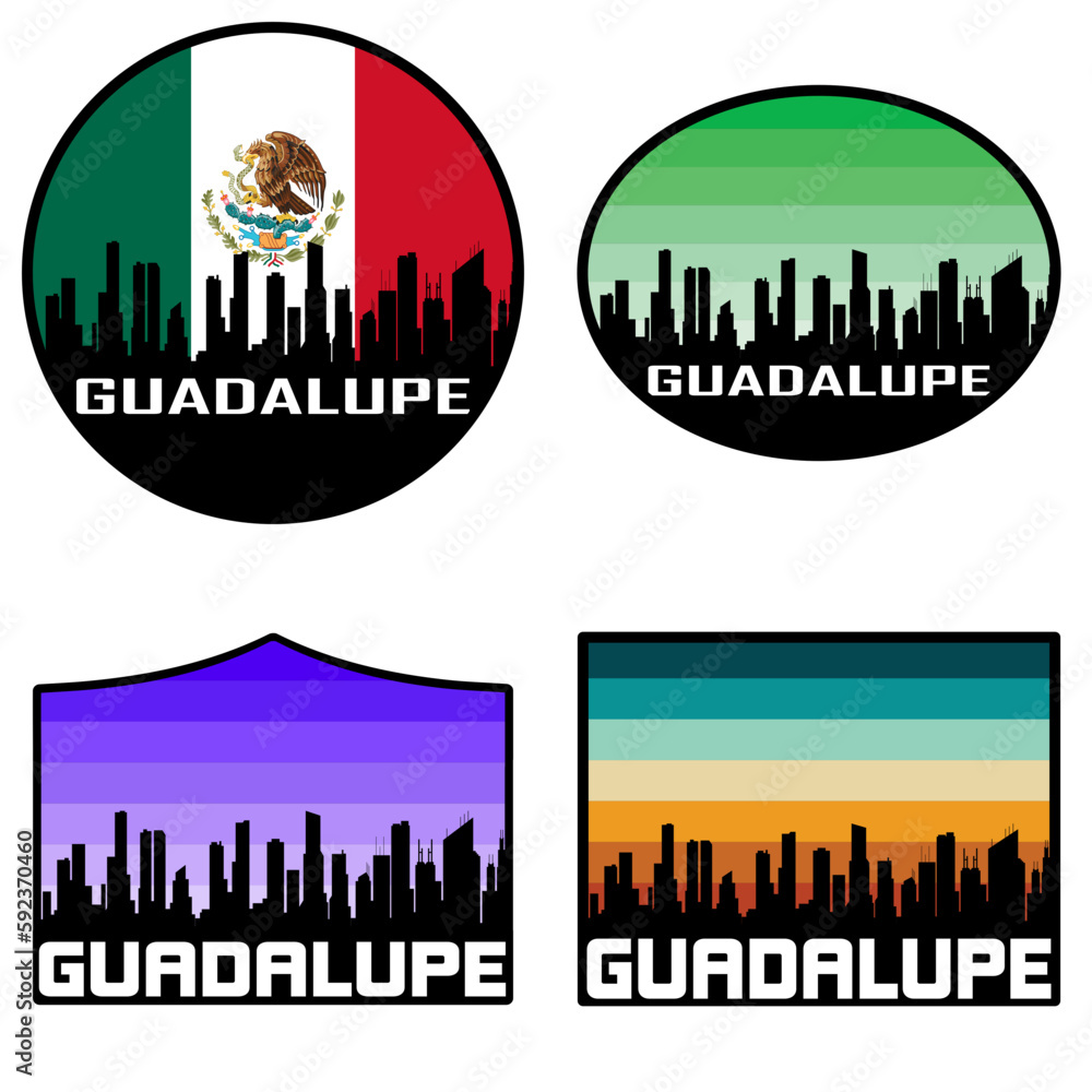 Obraz premium Guadalupe Skyline Silhouette Mexico Flag Travel Souvenir Sticker Sunset Background Vector Illustration SVG EPS AI