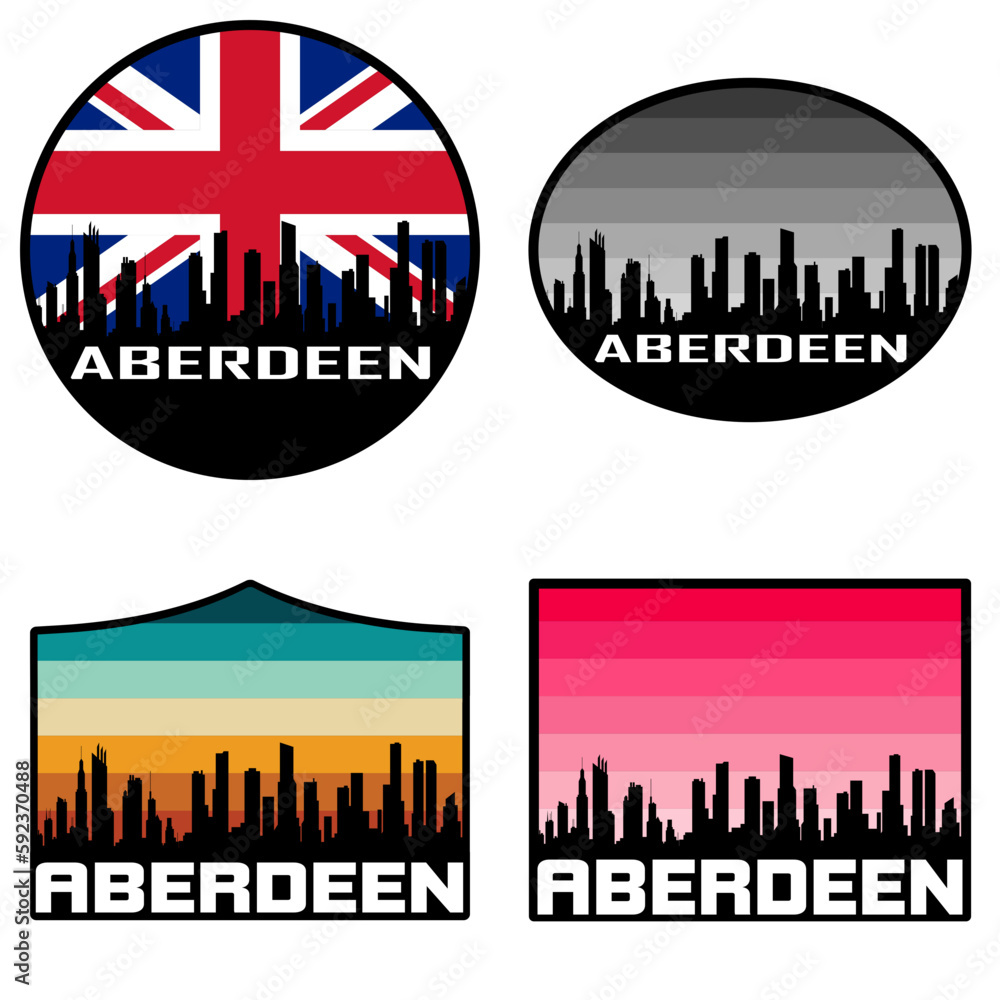 Aberdeen Skyline Silhouette Uk Flag Travel Souvenir Sticker Sunset Background Vector Illustration SVG EPS AI