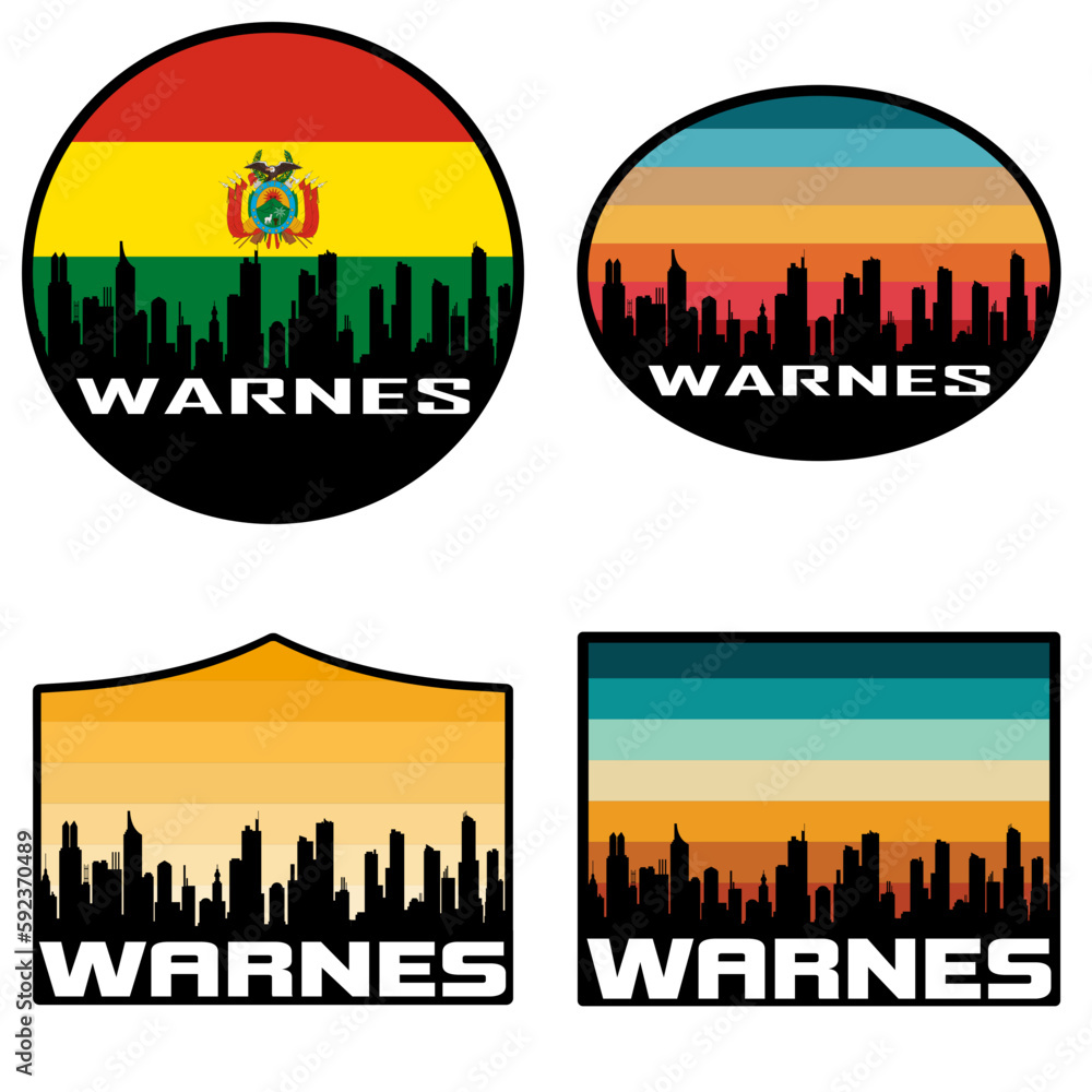 Warnes Skyline Silhouette Bolivia Flag Travel Souvenir Sticker Sunset Background Vector Illustration SVG EPS AI