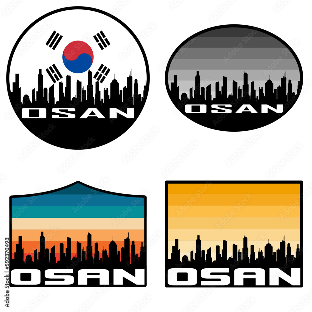Obraz premium Osan Skyline Silhouette South Korea Flag Travel Souvenir Sticker Sunset Background Vector Illustration SVG EPS AI