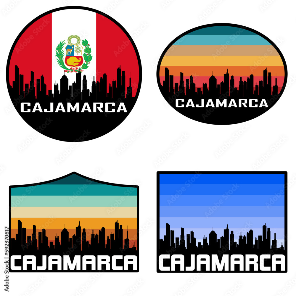 Cajamarca Skyline Silhouette Peru Flag Travel Souvenir Sticker Sunset Background Vector Illustration SVG EPS AI