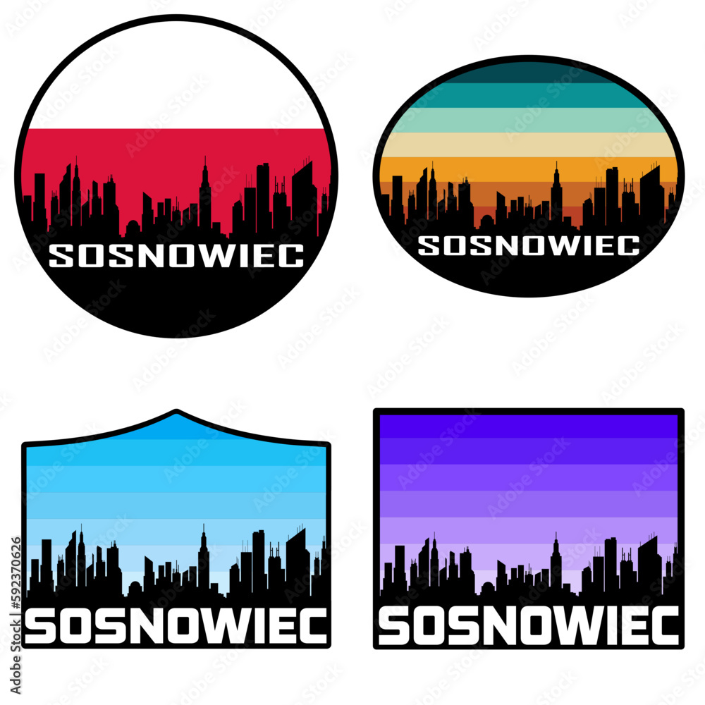 Sosnowiec Skyline Silhouette Poland Flag Travel Souvenir Sticker Sunset Background Vector Illustration SVG EPS AI