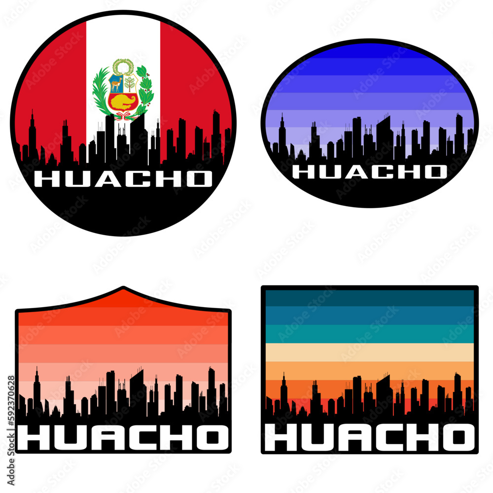 Huacho Skyline Silhouette Peru Flag Travel Souvenir Sticker Sunset Background Vector Illustration SVG EPS AI