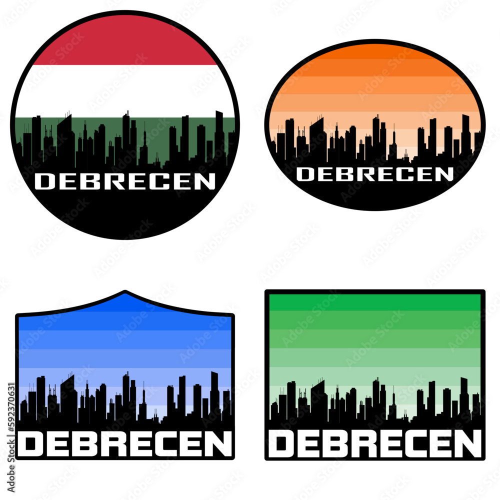 Obraz premium Debrecen Skyline Silhouette Hungary Flag Travel Souvenir Sticker Sunset Background Vector Illustration SVG EPS AI