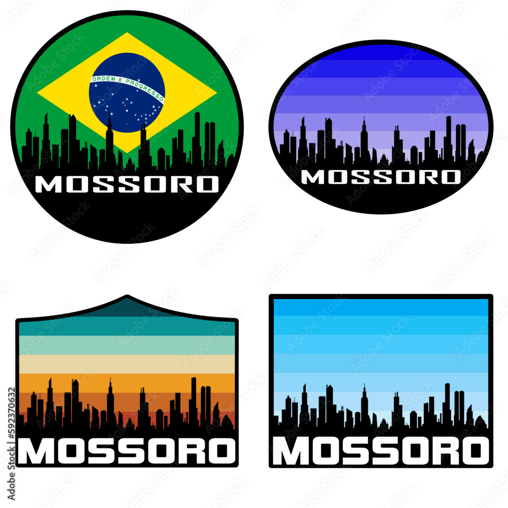 Mossoro Skyline Silhouette Brazil Flag Travel Souvenir Sticker Sunset Background Vector Illustration SVG EPS AI