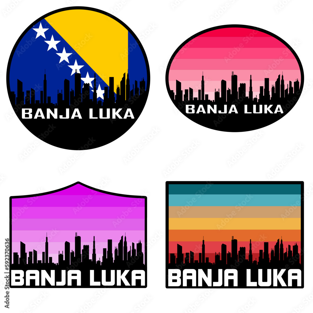 Banja Luka Skyline Silhouette Bosnia Flag Travel Souvenir Sticker Sunset Background Vector Illustration SVG EPS AI