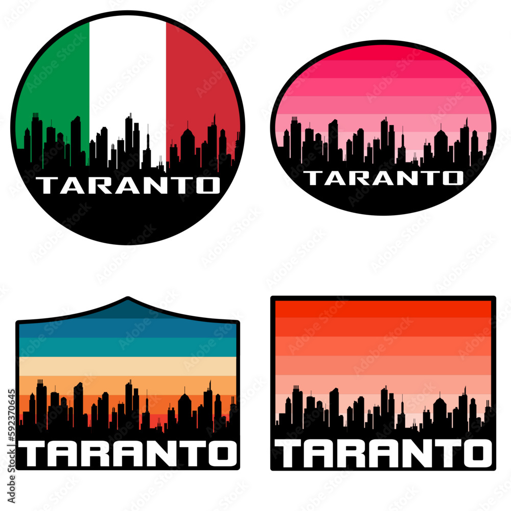 Taranto Skyline Silhouette Italy Flag Travel Souvenir Sticker Sunset Background Vector Illustration SVG EPS AI