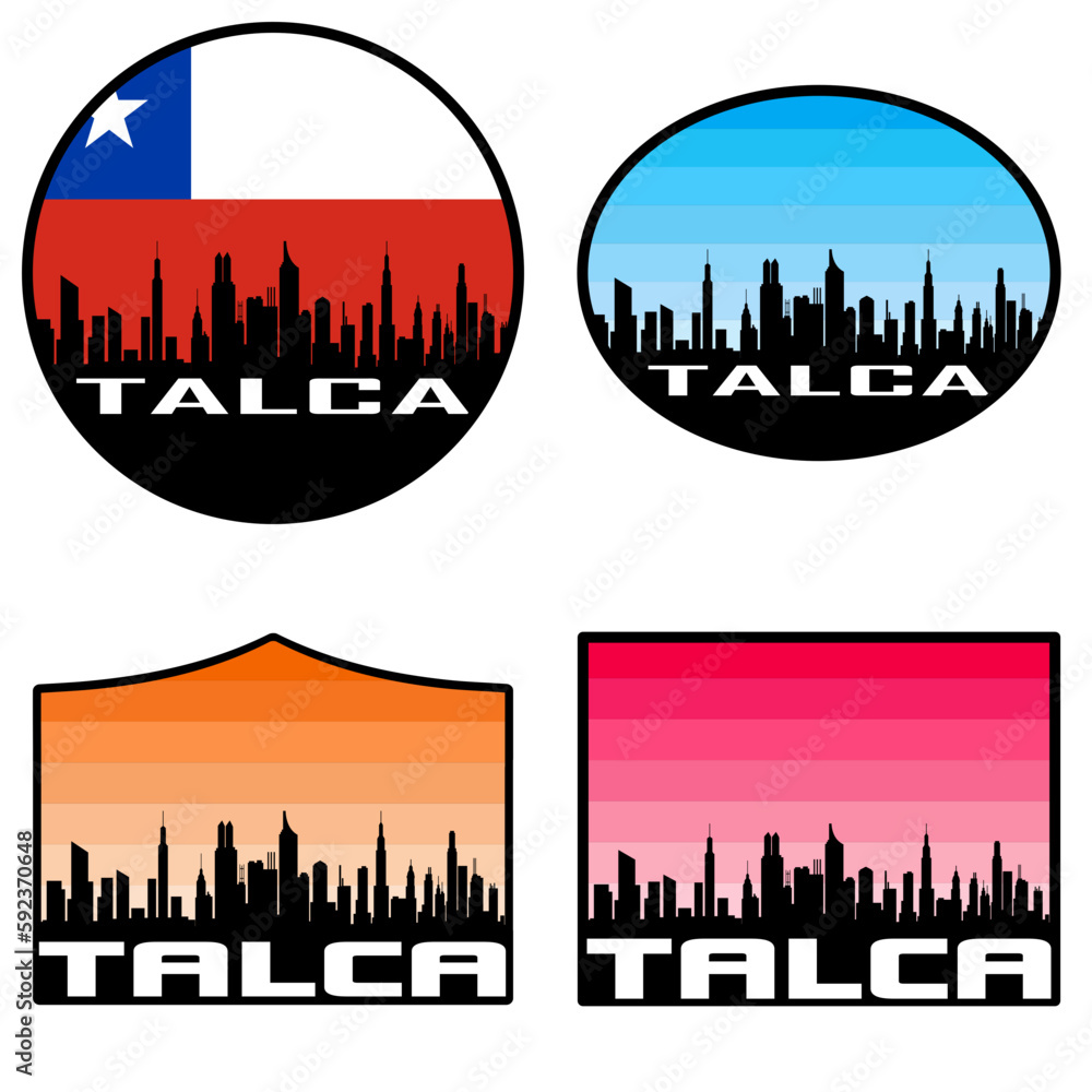 Talca Skyline Silhouette Chile Flag Travel Souvenir Sticker Sunset Background Vector Illustration SVG EPS AI