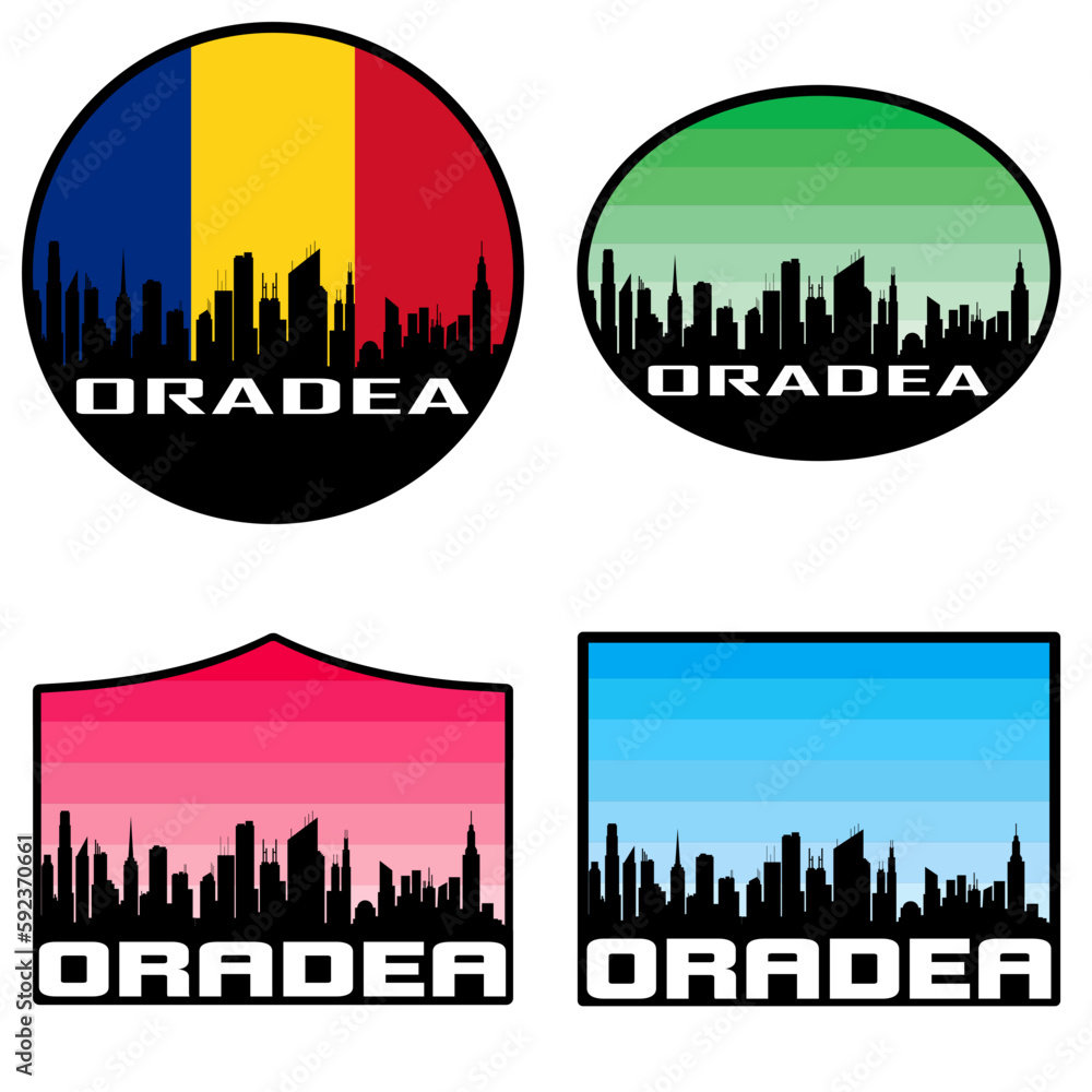 Oradea Skyline Silhouette Romania Flag Travel Souvenir Sticker Sunset Background Vector Illustration SVG EPS AI