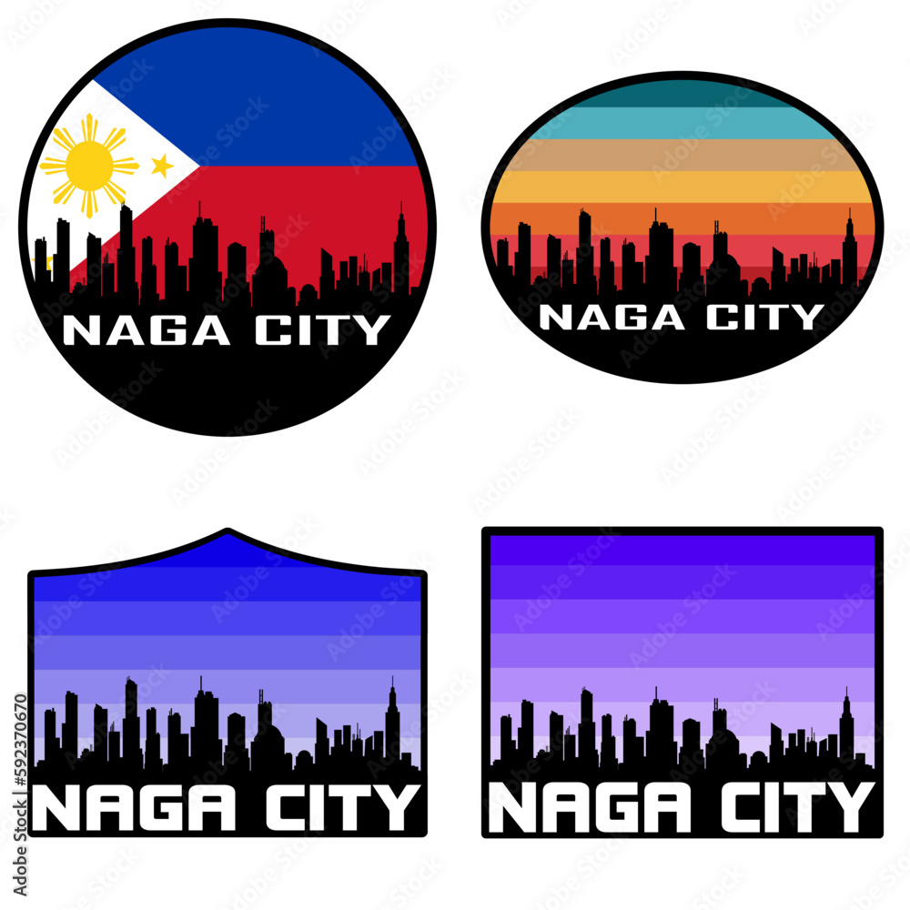 Naga City Skyline Silhouette Philippines Flag Travel Souvenir Sticker Sunset Background Vector Illustration SVG EPS AI