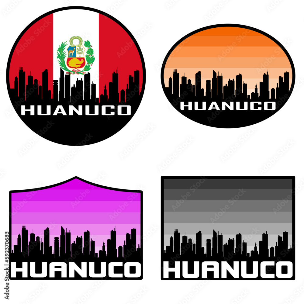 Huanuco Skyline Silhouette Peru Flag Travel Souvenir Sticker Sunset Background Vector Illustration SVG EPS AI