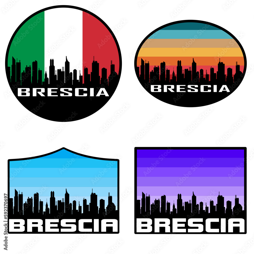 Brescia Skyline Silhouette Italy Flag Travel Souvenir Sticker Sunset Background Vector Illustration SVG EPS AI
