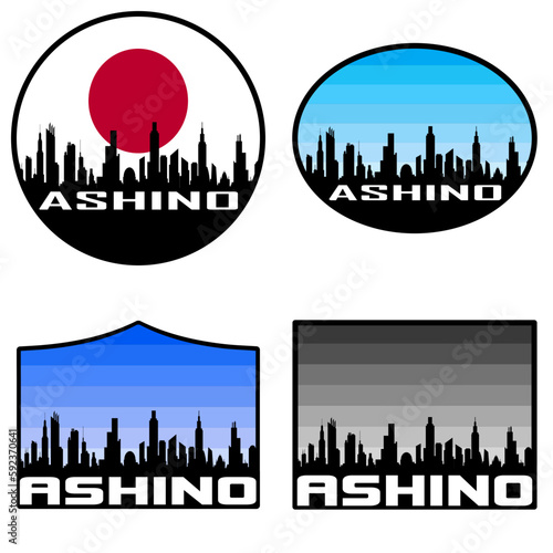Ashino Skyline Silhouette Japan Flag Travel Souvenir Sticker Sunset Background Vector Illustration SVG EPS AI photo