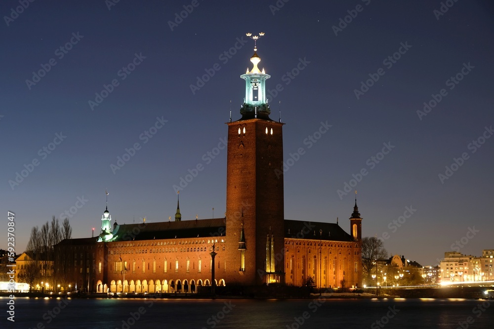 Beautiful scenery of illuminated Stockholm by night - town hall. Sweden Beautiful scenery of illuminated Stockholm by night - town hall. Sweden