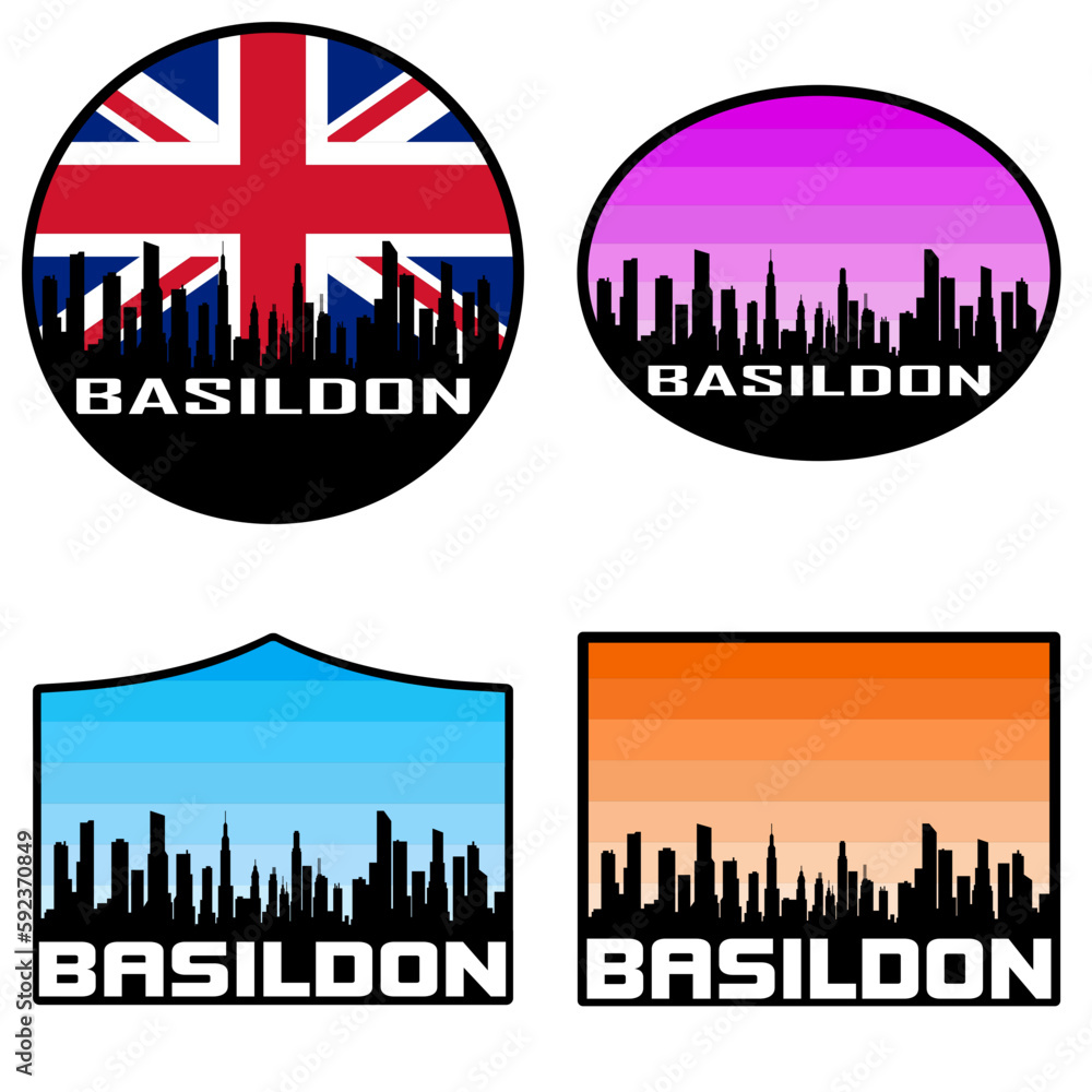 Basildon Skyline Silhouette Uk Flag Travel Souvenir Sticker Sunset Background Vector Illustration SVG EPS AI