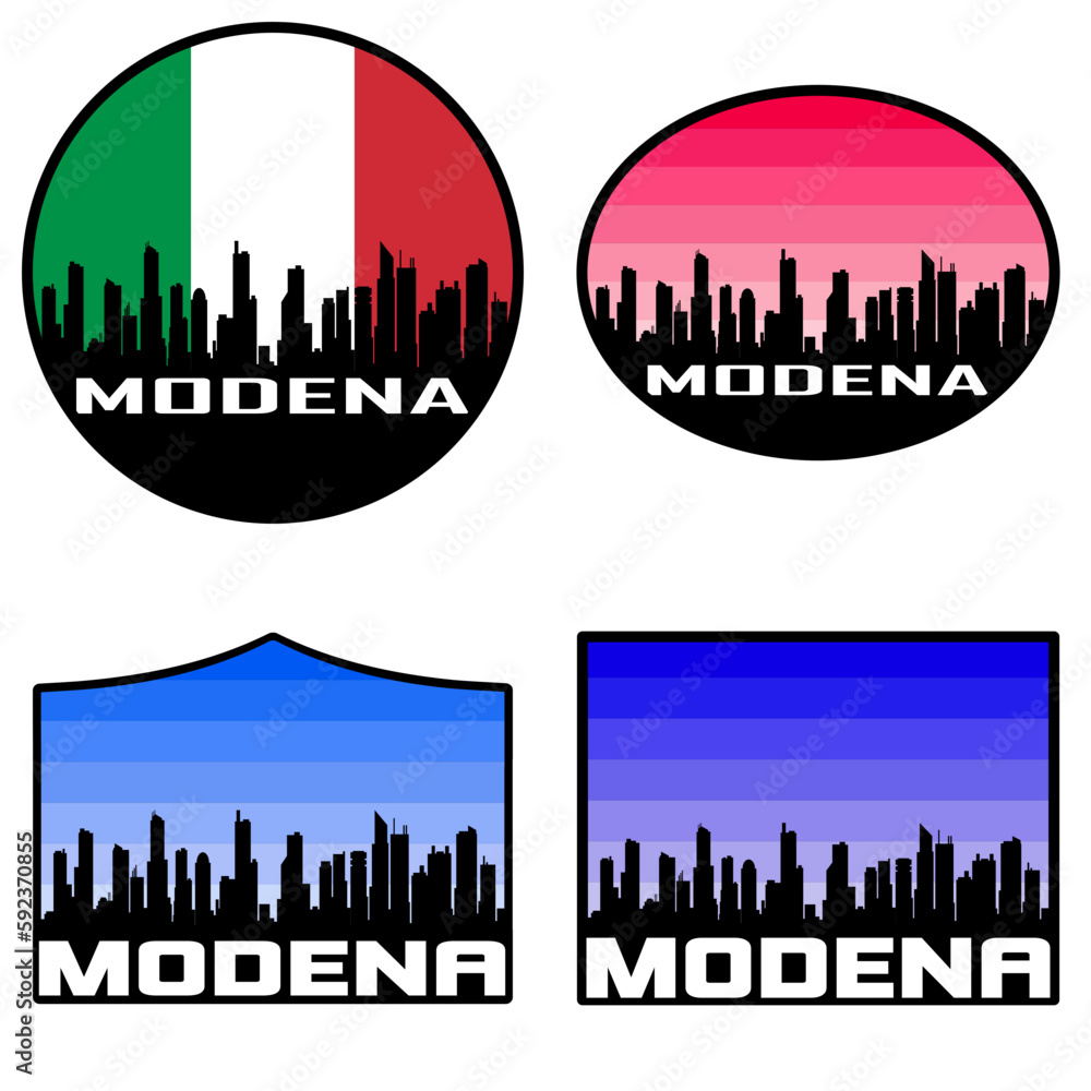 Modena Skyline Silhouette Italy Flag Travel Souvenir Sticker Sunset Background Vector Illustration SVG EPS AI