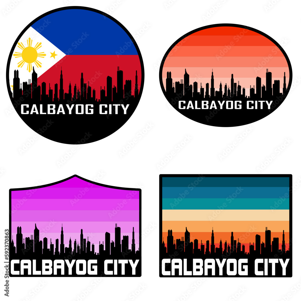Calbayog City Skyline Silhouette Philippines Flag Travel Souvenir Sticker Sunset Background Vector Illustration SVG EPS AI