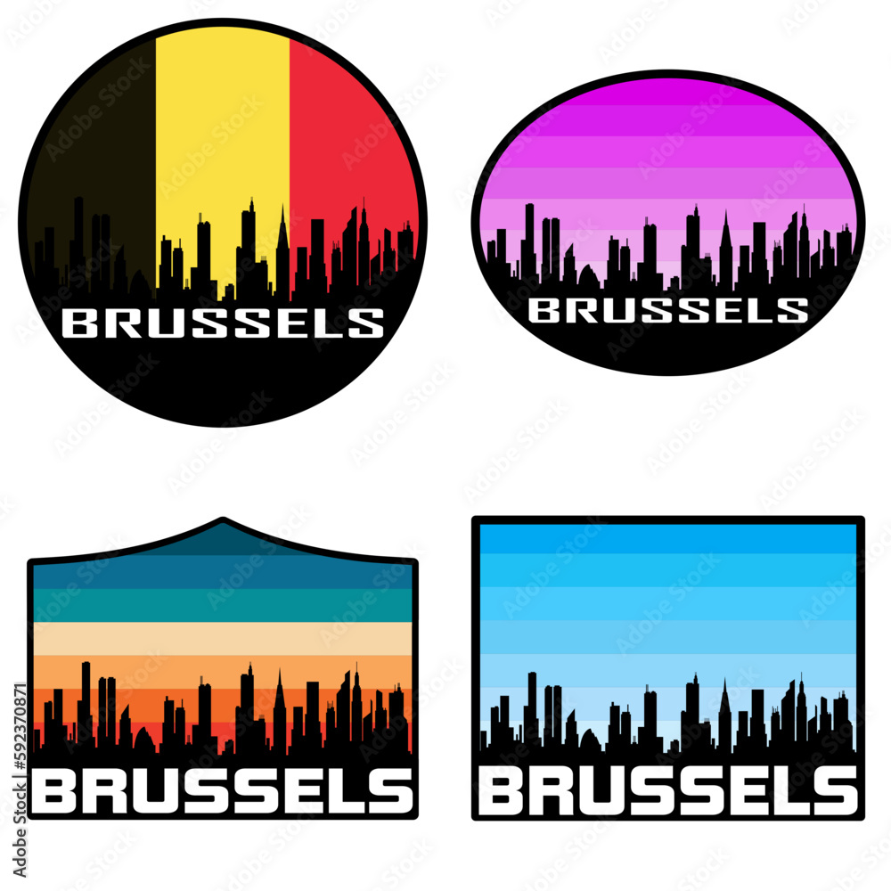 Brussels Skyline Silhouette Belgium Flag Travel Souvenir Sticker Sunset Background Vector Illustration SVG EPS AI