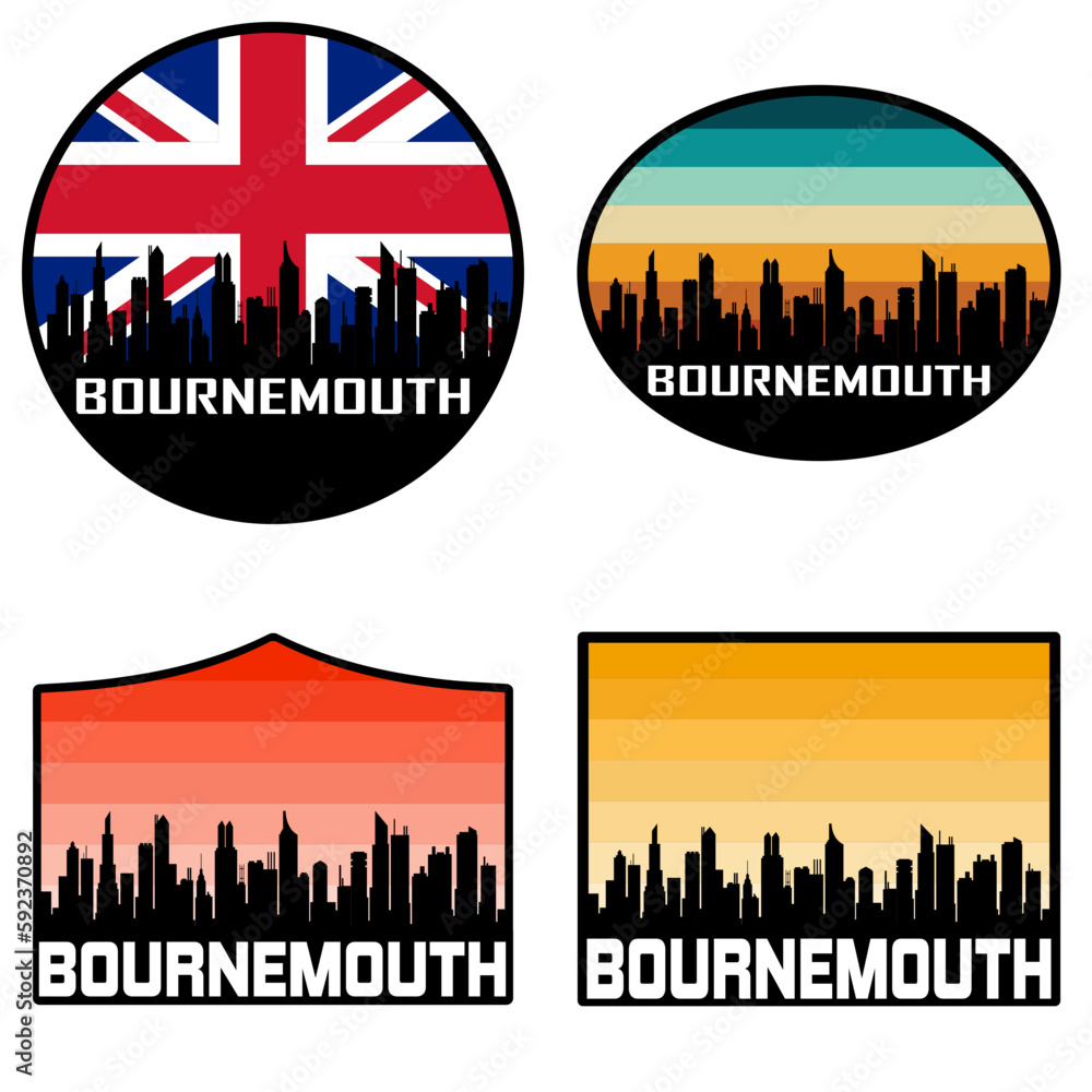 Bournemouth Skyline Silhouette Uk Flag Travel Souvenir Sticker Sunset Background Vector Illustration SVG EPS AI