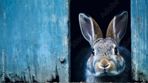 Bunny looking out of a hole in the blue wall of a house. Generative AI.