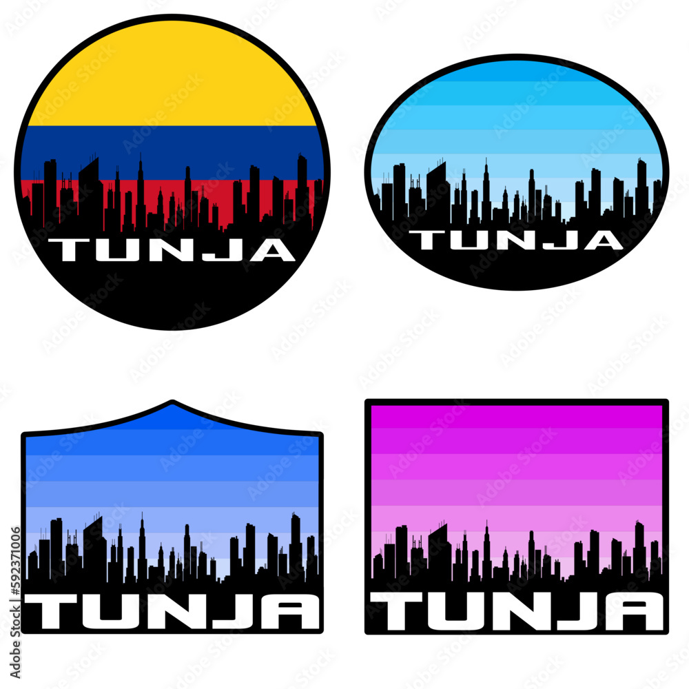 Tunja Skyline Silhouette Colombia Flag Travel Souvenir Sticker Sunset Background Vector Illustration SVG EPS AI