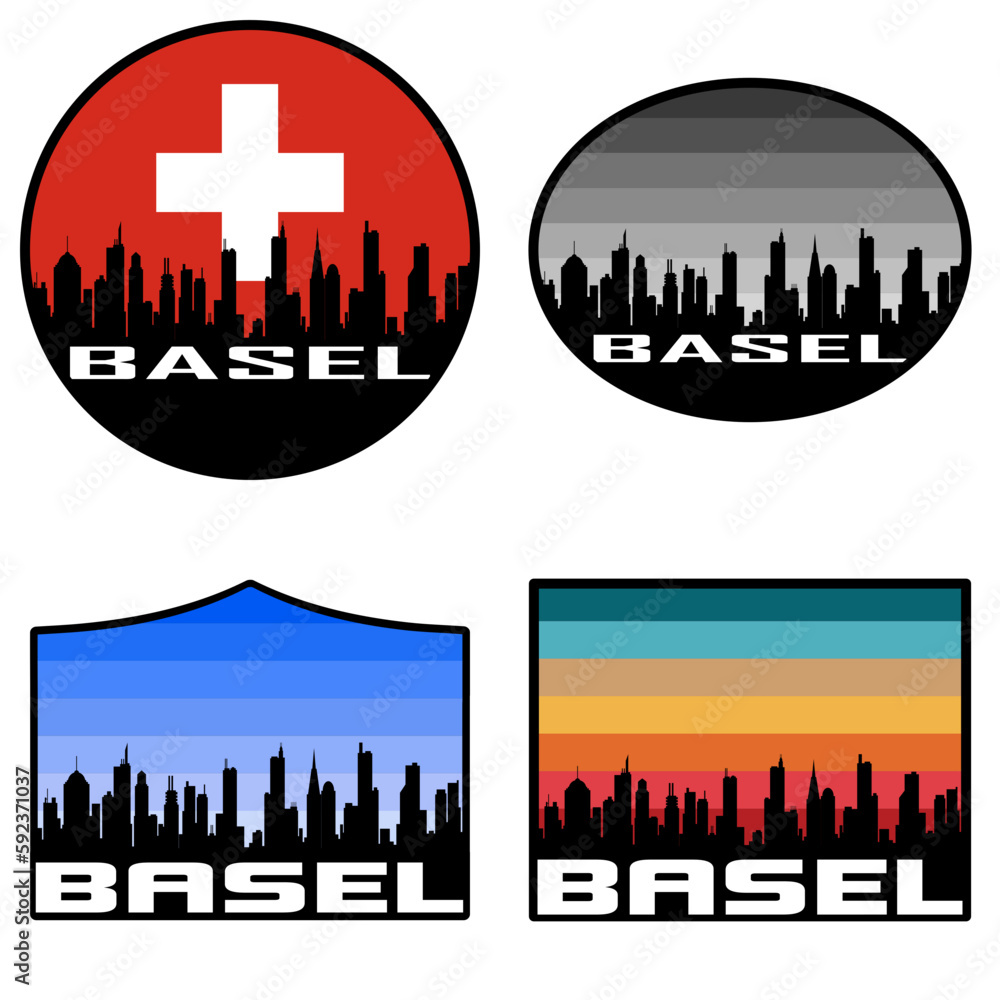 Basel Skyline Silhouette Switzerland Flag Travel Souvenir Sticker Sunset Background Vector Illustration SVG EPS AI