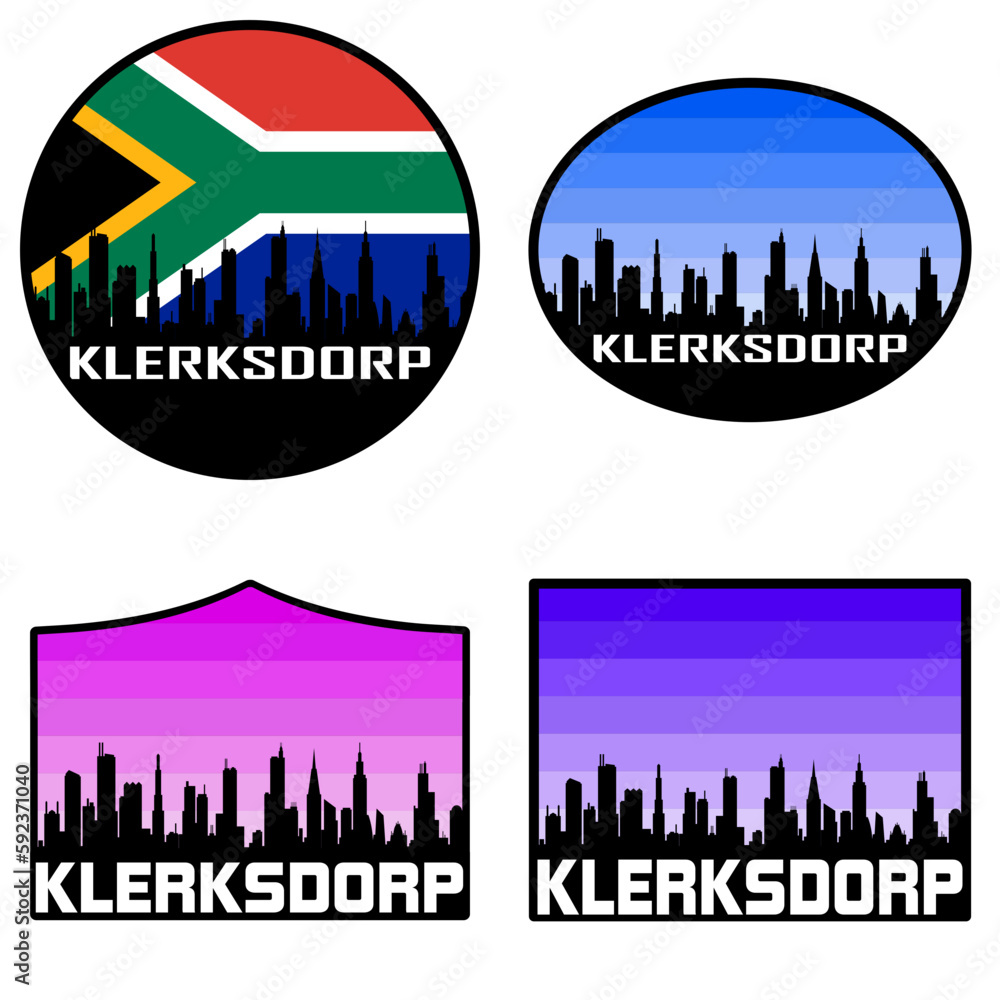 Klerksdorp Skyline Silhouette South Africa Flag Travel Souvenir Sticker Sunset Background Vector Illustration SVG EPS AI