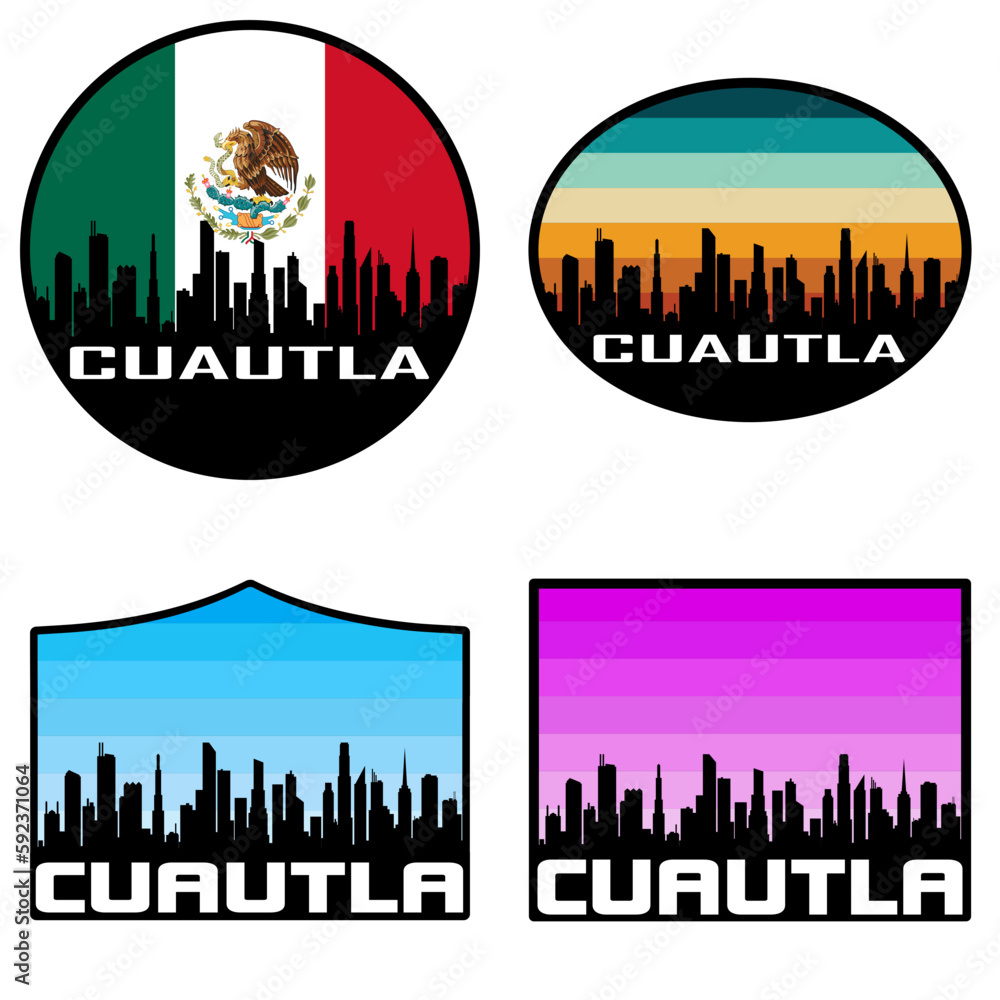 Cuautla Skyline Silhouette Mexico Flag Travel Souvenir Sticker Sunset Background Vector Illustration SVG EPS AI