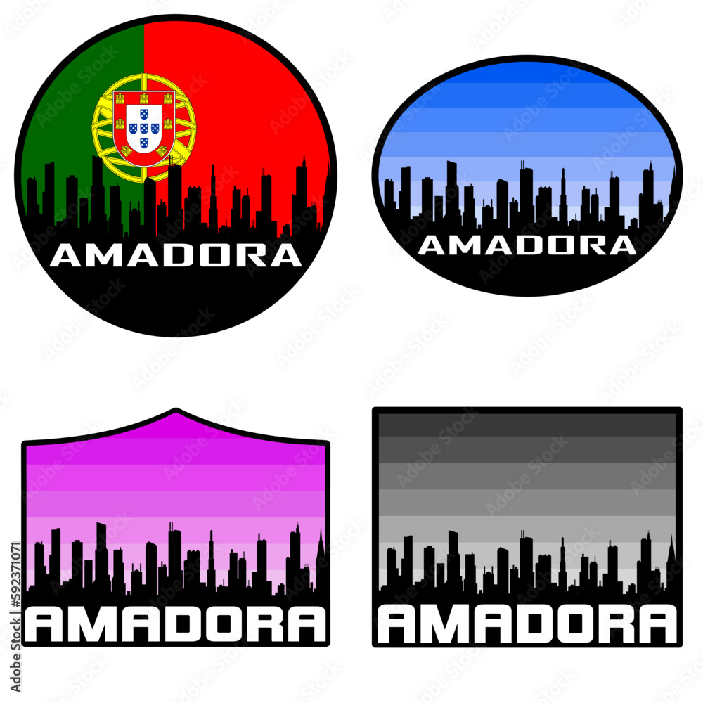 Amadora Skyline Silhouette Portugal Flag Travel Souvenir Sticker Sunset Background Vector Illustration SVG EPS AI