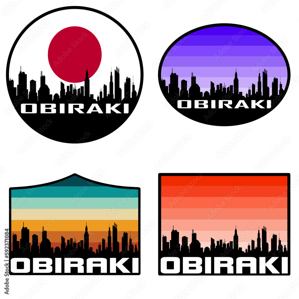 Obiraki Skyline Silhouette Japan Flag Travel Souvenir Sticker Sunset Background Vector Illustration SVG EPS AI