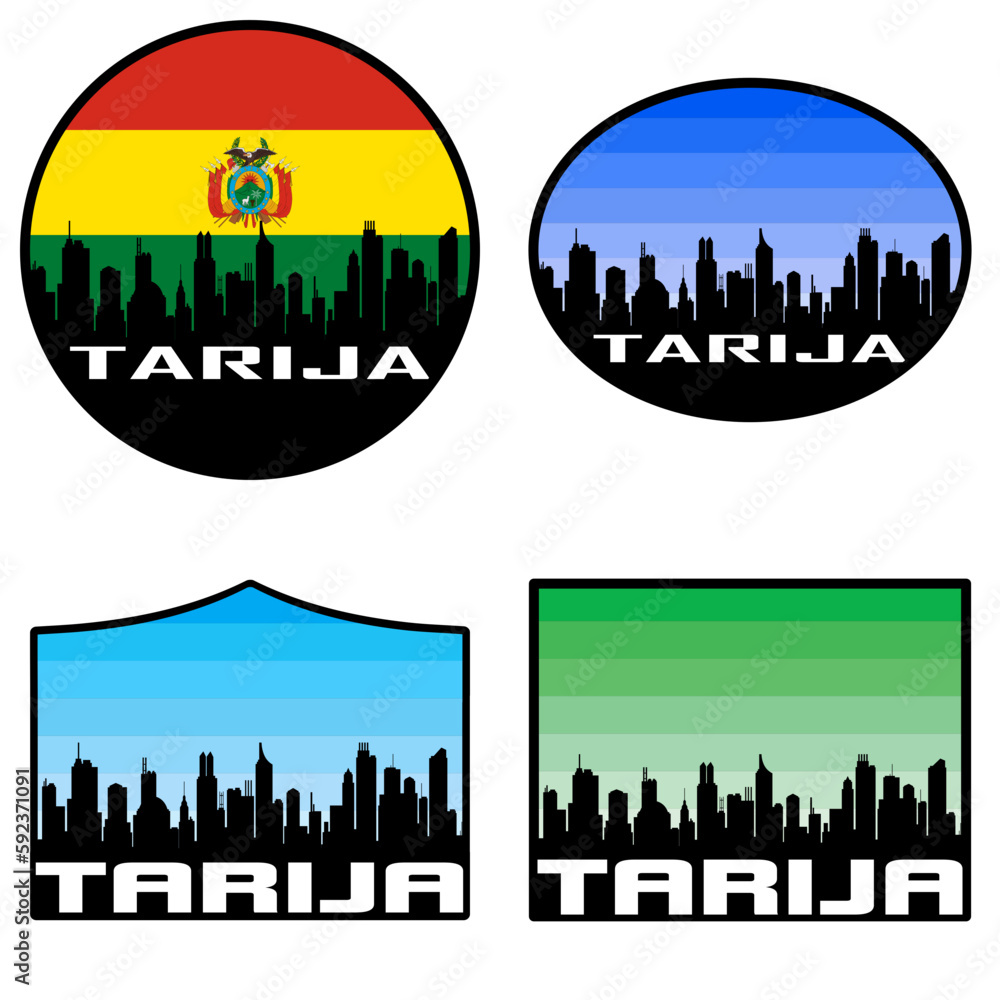 Tarija Skyline Silhouette Bolivia Flag Travel Souvenir Sticker Sunset Background Vector Illustration SVG EPS AI
