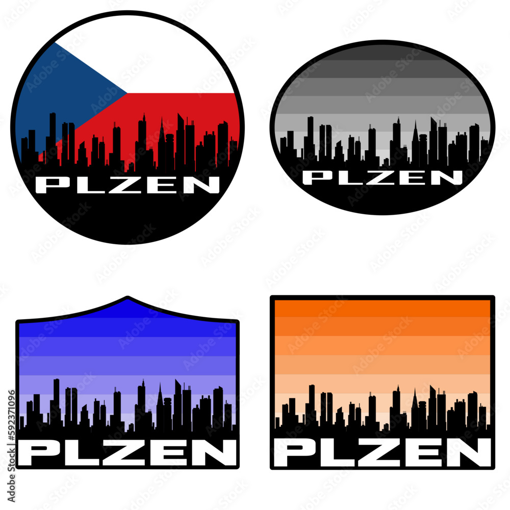 Plzen Skyline Silhouette Czech Flag Travel Souvenir Sticker Sunset Background Vector Illustration SVG EPS AI