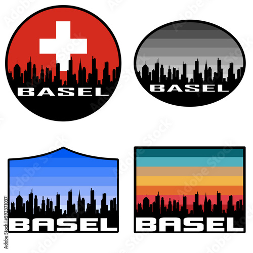 Basel Skyline Silhouette Switzerland Flag Travel Souvenir Sticker Sunset Background Vector Illustration SVG EPS AI