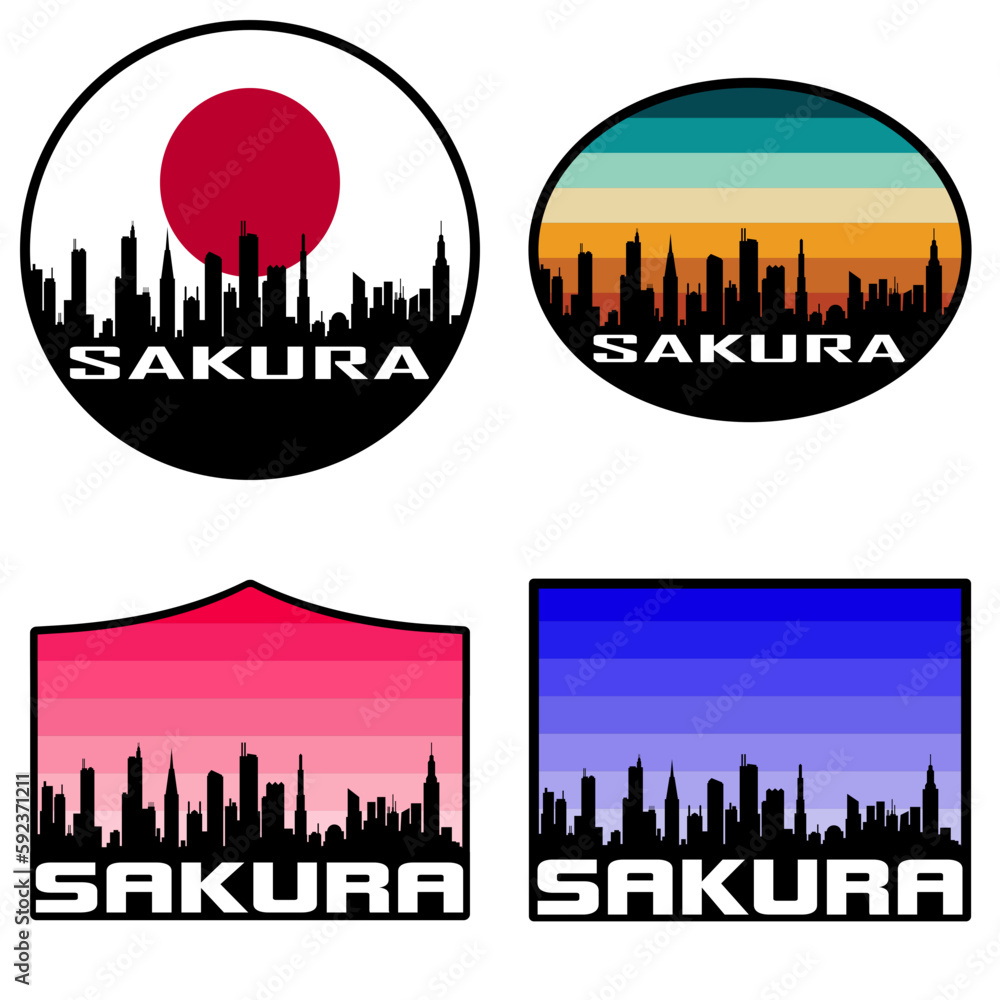 Sakura Skyline Silhouette Japan Flag Travel Souvenir Sticker Sunset Background Vector Illustration SVG EPS AI