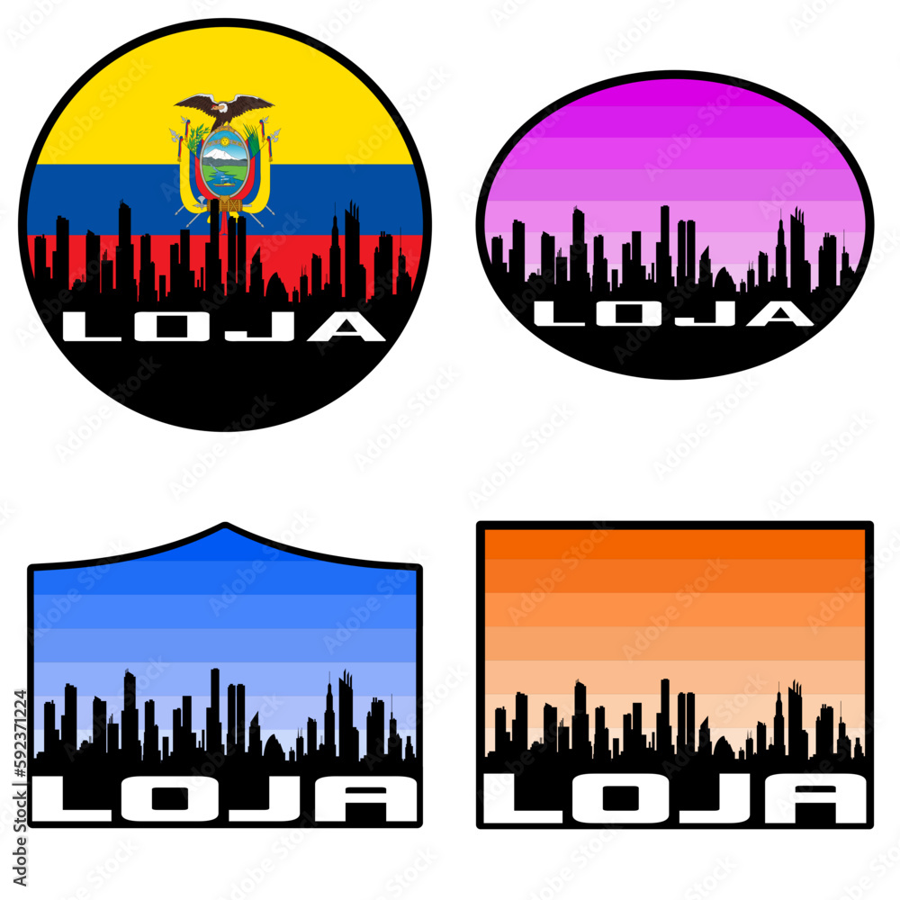 Loja Skyline Silhouette Ecuador Flag Travel Souvenir Sticker Sunset Background Vector Illustration SVG EPS AI